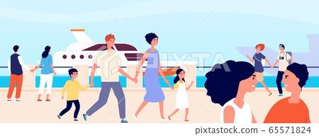 Summer seafront. Young female seaside vacation. Sailing embankment, romantic mediterranean landscape. Flat sea holidays vector illustration 65571824