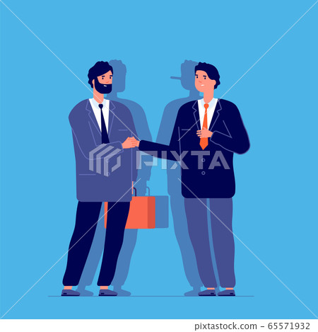 Long nose liar. Dishonest businessman hiding lie. Fake business truth. Man with pinocchio shadow. False manager cheat guy vector concept Long nose liar. Dishonest businessman hiding lie. Fake business truth. Man with pinocchio shadow. False manager cheat guy vector concept 65571932