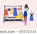 Difficult shopping decision. The young girl can't decide what dress she should buy in the shop. Pink background Vector cartoon colored flat illustration 65572313