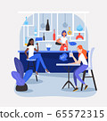 Three girls, friends, students or colleagues sitting in a nice cafe, restaurant or bar, drinking soda 65572315