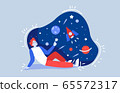 Ginger male teenager sits on the ground and looks at the stars, full Moon, Jupiter and nights sky with the rocket. 65572317