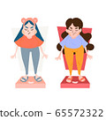 Two cute and small cartoon female teenagers standing on the scale and looks not so happy about their overweight 65572322