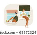 Female and male students sitting near the windows. 65572324