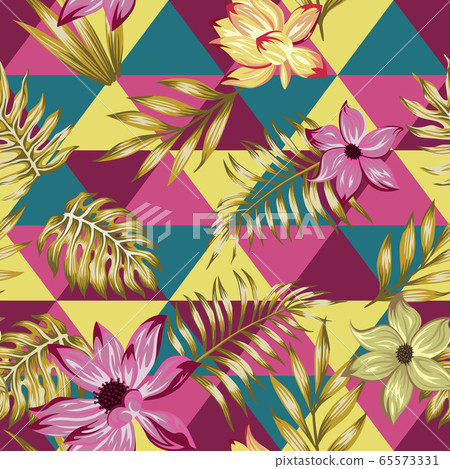 Lily flowers golden leaves seamless multicolor 65573331