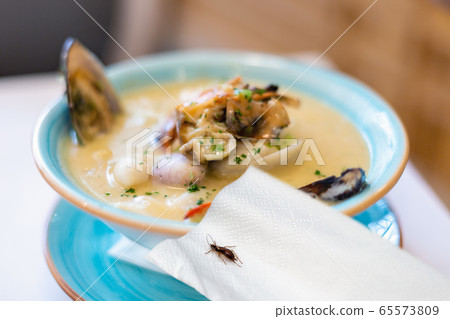 Insect in the soup, restaurant sanitary standards. 65573809