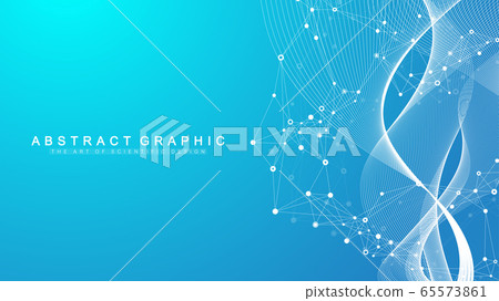 Abstract scientific background with dynamic particles, wave flow. Plexus stream background. 3D data visualization with fractal elements. Cyberpunk style. Digital vector illustration 65573861