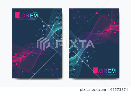 Modern vector template for brochure, leaflet, flyer, cover, catalog in A4 size. DNA helix, DNA strand, molecule or atom, neurons. Abstract structure for Science or medical background 65573874