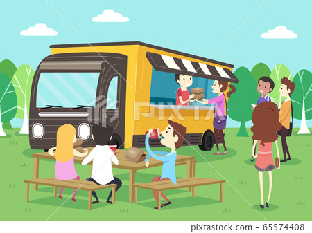 People Food Truck Park Bench Eat Illustration People Food Truck Park Bench Eat Illustration 65574408