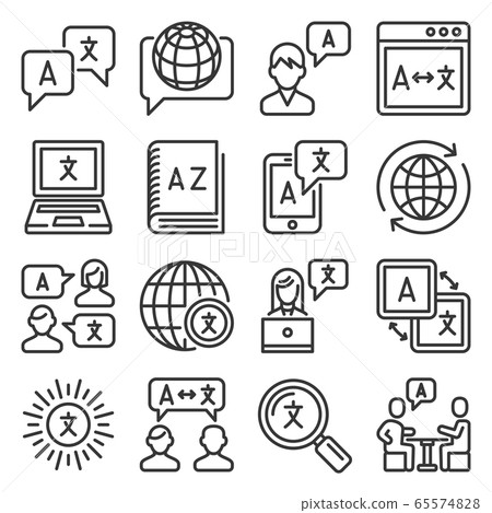 Language Translation Icons Set on White Background. Line Style Vector Language Translation Icons Set on White Background. Line Style Vector 65574828