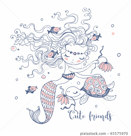 A cute little mermaid with a turtle. Doodle style. Vector. 65575970