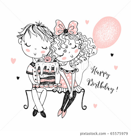 Postcard to the day of birth. A boy gives a girl a big cake. Vector 65575979