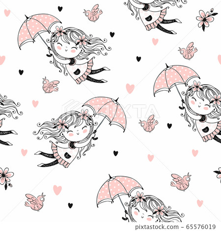 Seamless pattern with cute girls flying on umbrellas. Vector 65576019