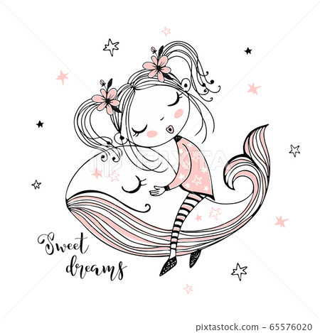 Cute girl sweetly sleeping on a magic whale. Sweet dream. Vector. 65576020