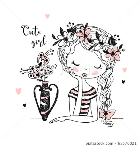 Lovely girl with flowers in a vase. Vector. Doodle style. Lovely girl with flowers in a vase. Vector. Doodle style. 65576021