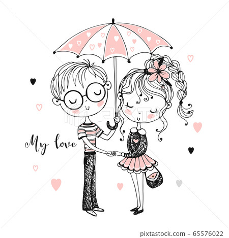Cute boy and girl under umbrella. Rendezvous. Vector. Cute boy and girl under umbrella. Rendezvous. Vector. 65576022