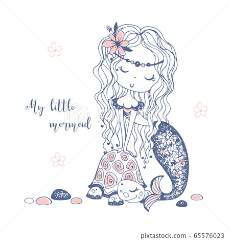 A cute little mermaid with a turtle. Doodle style. Vector. A cute little mermaid with a turtle. Doodle style. Vector. 65576023