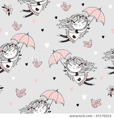 Seamless pattern with cute girls flying on umbrellas. Vector Seamless pattern with cute girls flying on umbrellas. Vector 65576024
