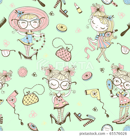 Trendy little cute girls who want to look like adults. Fashionistas with women's accessories. Seamless pattern. Vector Trendy little cute girls who want to look like adults. Fashionistas with women's accessories. Seamless pattern. Vector 65576026