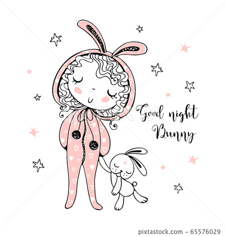 Cute girl in pajamas in the form of a Bunny is going to sleep with a toy. It's time to sleep. Vector. 65576029