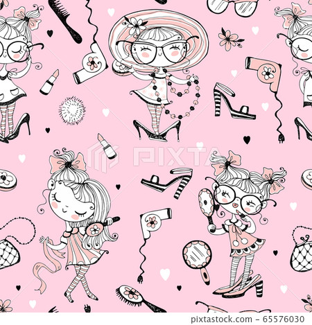 Trendy little cute girls who want to look like adults. Fashionistas with women's accessories. Seamless pattern. Vector Trendy little cute girls who want to look like adults. Fashionistas with women's accessories. Seamless pattern. Vector 65576030