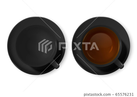 Vector 3d Realistic Black Porclean, Ceramic Tea Cup, Mug Set with Tea Closeup Isolated on White Background. Empty and with Black or Red Tea. Design Template, Clipart. Top View Vector 3d Realistic Black Porclean, Ceramic Tea Cup, Mug Set with Tea Closeup Isolated on White Background. Empty and with Black or Red Tea. Design Template, Clipart. Top View 65576231