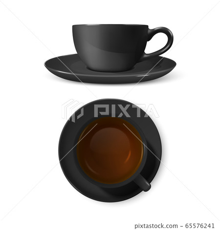 Vector 3d Realistic Black Porclean, Ceramic Tea Cup, Mug Set with Tea Closeup Isolated on White Background. Design Template, Clipart. Top and Front View Vector 3d Realistic Black Porclean, Ceramic Tea Cup, Mug Set with Tea Closeup Isolated on White Background. Design Template, Clipart. Top and Front View 65576241