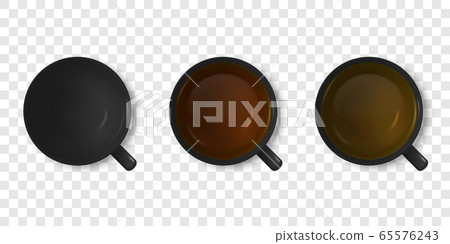 Vector 3d Realistic Black Porclean, Ceramic Empty Tea Cup, Mug and with Black or Red, Green Tea Closeup Isolated on Transparent Background. Design Template, Clipart. Top View 65576243