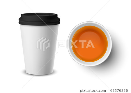 Vector 3d Realistic White Paper or Plastic Disposable Tea Cup with Green Tea Closeup Isolated on White Background. Design Template, Clipart. Front and Top View Vector 3d Realistic White Paper or Plastic Disposable Tea Cup with Green Tea Closeup Isolated on White Background. Design Template, Clipart. Front and Top View 65576256