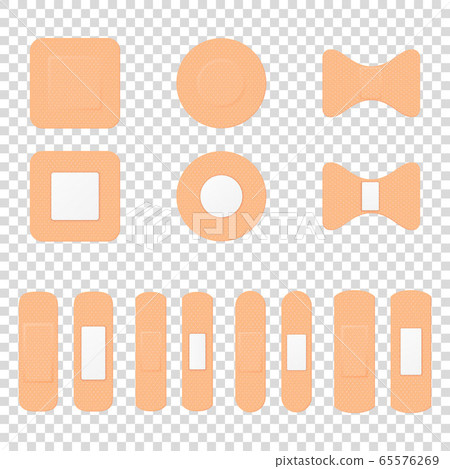 Vector 3d Realistic Medical Patch Icon Set Closeup Isolated on Transparent Background. Design Template Adhesive Bandage Elastic Medical Plasters. Front and Back Side View 65576269