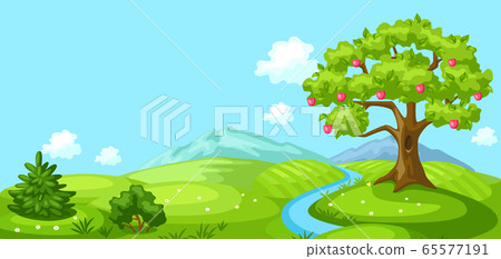 Summer landscape with trees, mountains and hills. - Stock Illustration ...