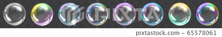 Flying transparent soap bubbles on checkered background. 65578061