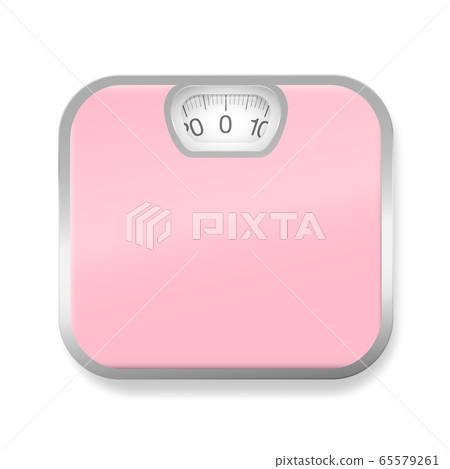 Pink bathroom scales with silver frame. Isolated vector illustration on white background. Pink bathroom scales with silver frame. Isolated vector illustration on white background. 65579261