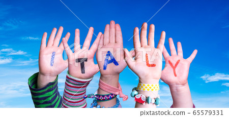 Children Hands Building Word Italy, Blue Sky Children Hands Building Word Italy, Blue Sky 65579331