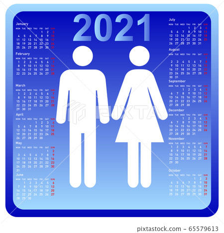 Woman and man in calendar 2021. Week starts on Woman and man in calendar 2021. Week starts on 65579613
