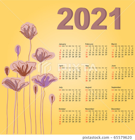 Stylish calendar with flowers for 2021 Week starts 65579620