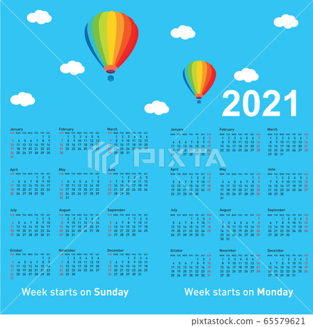 Calendar of 2021 with a balloon against a blue sky Calendar of 2021 with a balloon against a blue sky 65579621