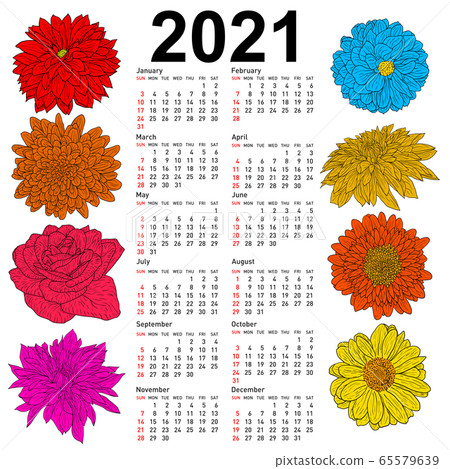 Stylish calendar with flowers for 2021. Week Stylish calendar with flowers for 2021. Week 65579639