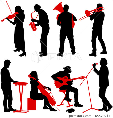 Silhouettes street musicians playing instruments 65579715