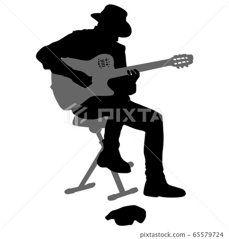 Silhouette musician plays the guitar on a white 65579724