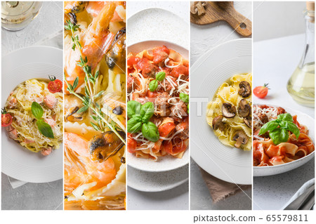 Collage of Italian pasta spaghetti with sauce Collage of Italian pasta spaghetti with sauce 65579811