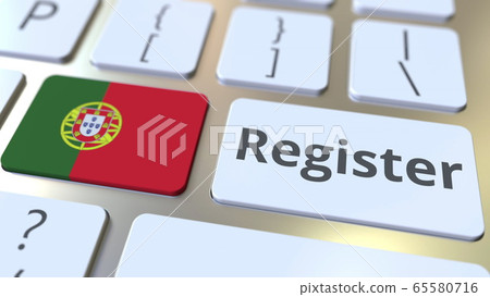 Register text and flag of Portugal on the keyboard. Online services related 3D rendering Register text and flag of Portugal on the keyboard. Online services related 3D rendering 65580716