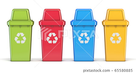 Four colorful recycle bins Front view 3D 65580885