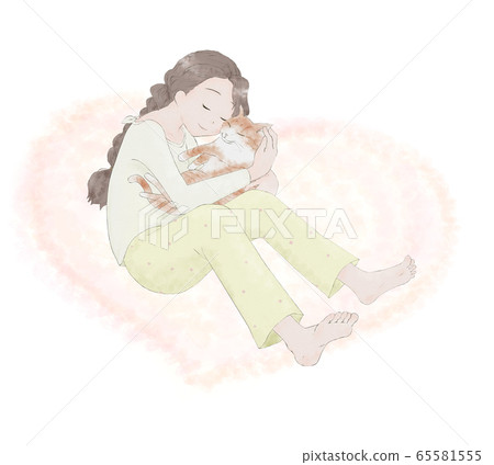 穿著睡衣抱著一隻貓的女人 65581555