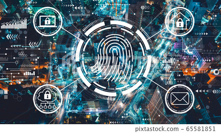 Fingerprint scanning theme with aerial view of Tokyo at night Fingerprint scanning theme with aerial view of Tokyo at night 65581851