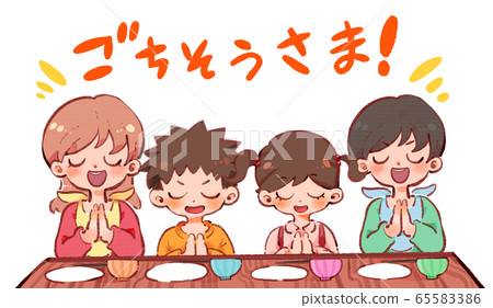 Family of four finishing meals side by side Family of four finishing meals side by side 65583386
