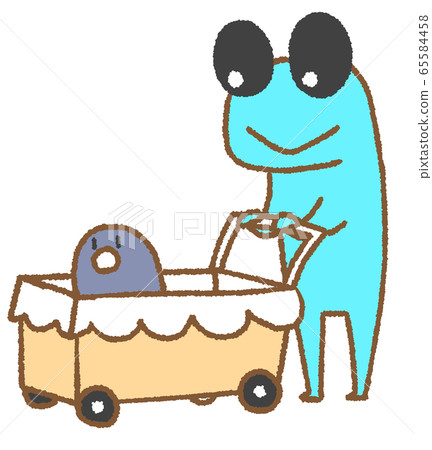 一隻青蛙（淺藍色）在嬰兒車上散步 65584458