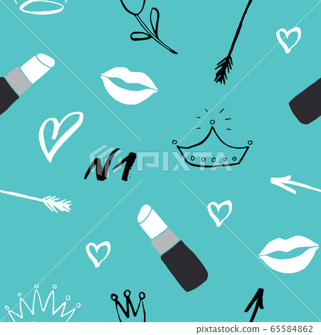 Lipstick seamless pattern, hand drawn fashion and beauty elements, vector illustration. 65584862