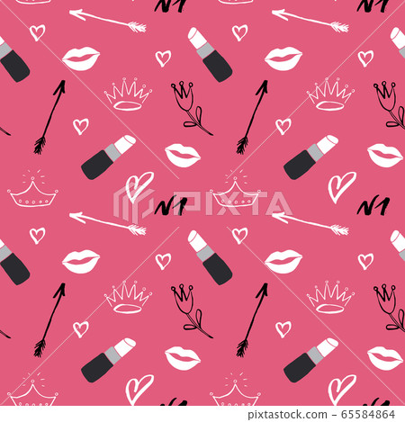 Lipstick seamless pattern, hand drawn fashion and beauty elements, vector illustration. 65584864