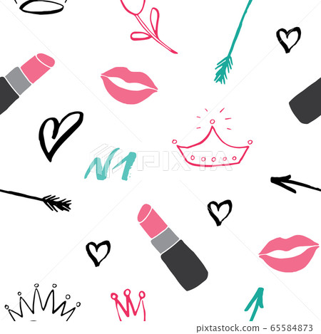 Lipstick seamless pattern, hand drawn fashion and beauty elements, vector illustration. 65584873
