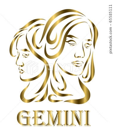 Golden line vector logo of twin women. It is sign of gemini zodiac. Golden line vector logo of twin women. It is sign of gemini zodiac. 65585111